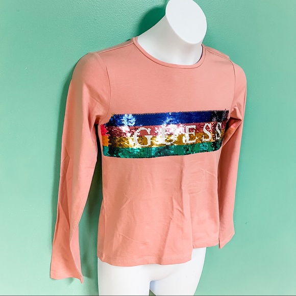 Guess Pink Flip Sequin Long Sleeve Logo Tee Girls Size 10 NWOT - Picture 3 of 8